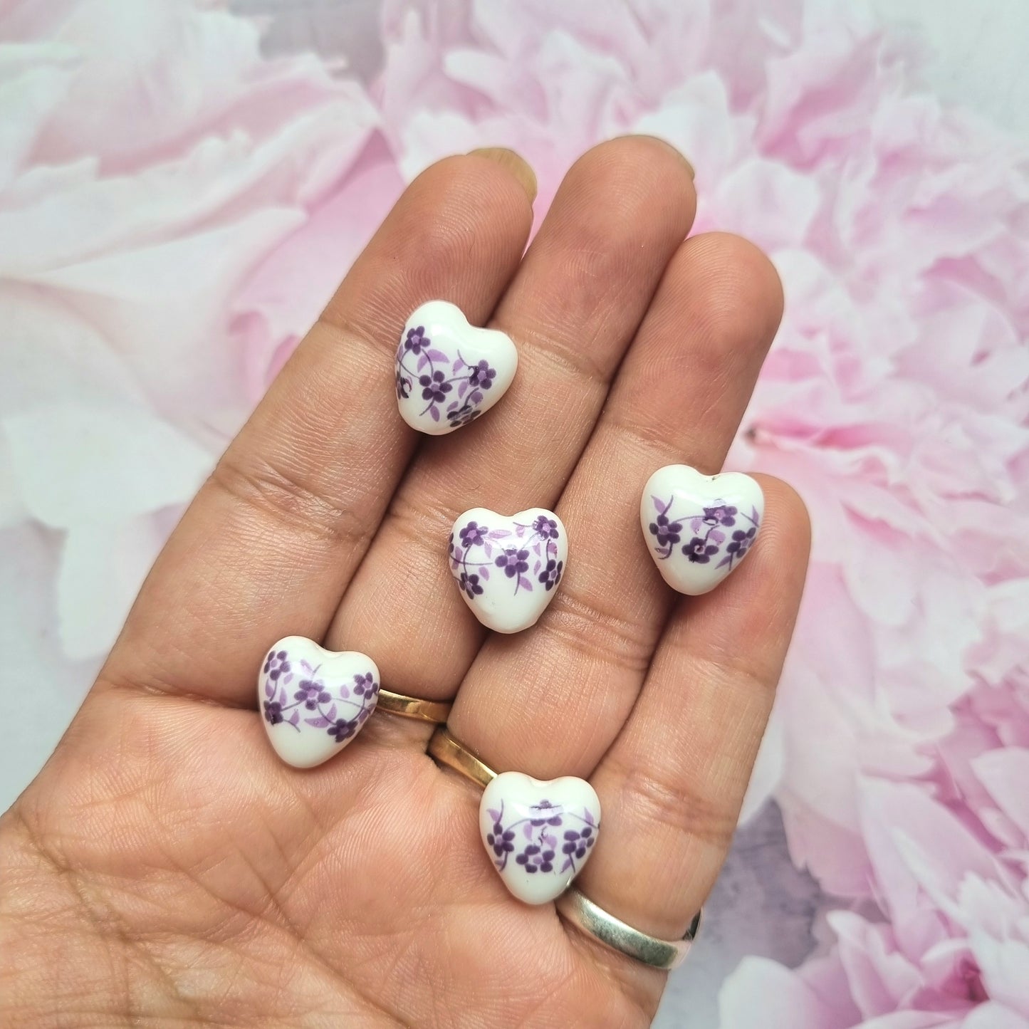 Porcelain Beads - Heart (Purple Flower)