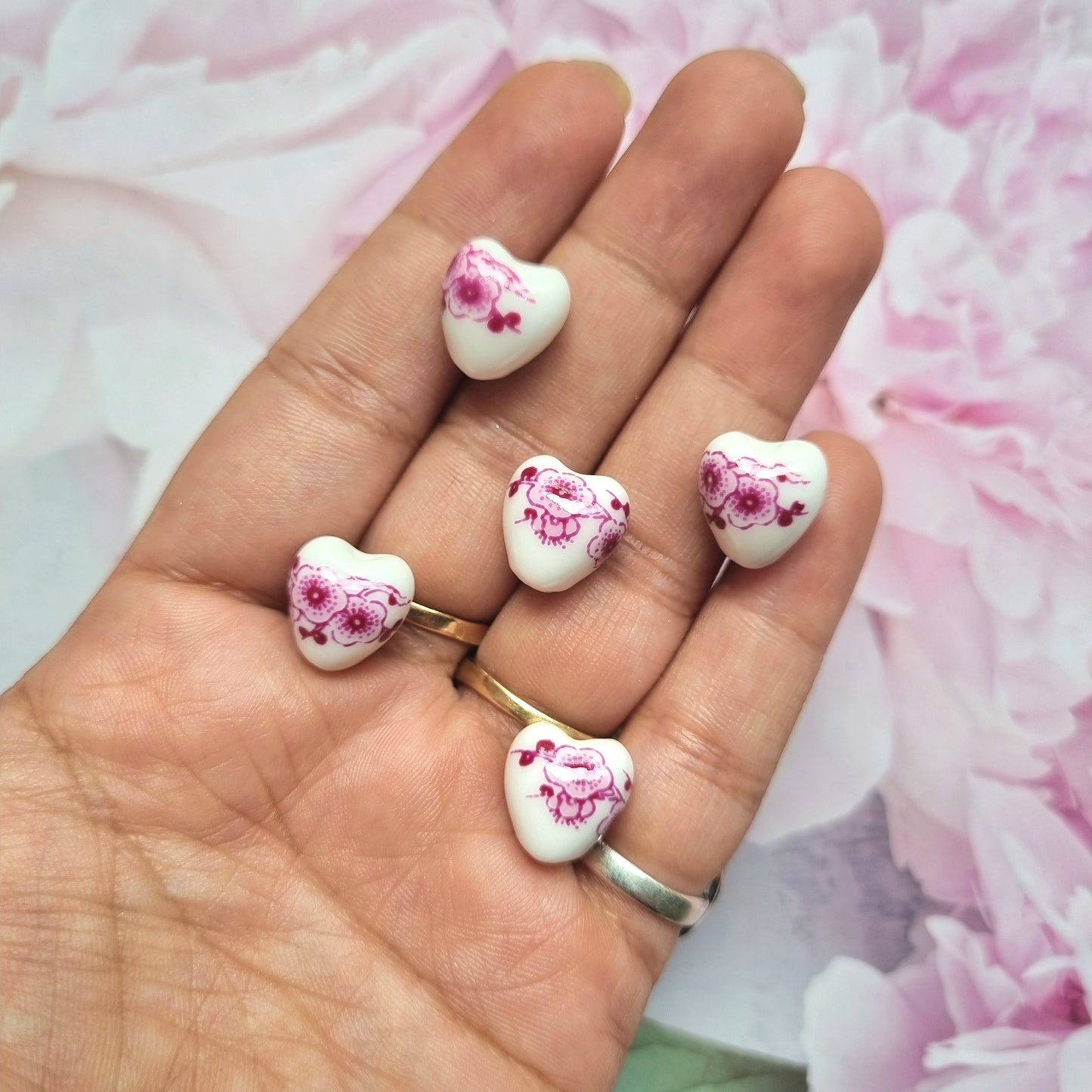 Porcelain Beads - Heart (Pink Flower)