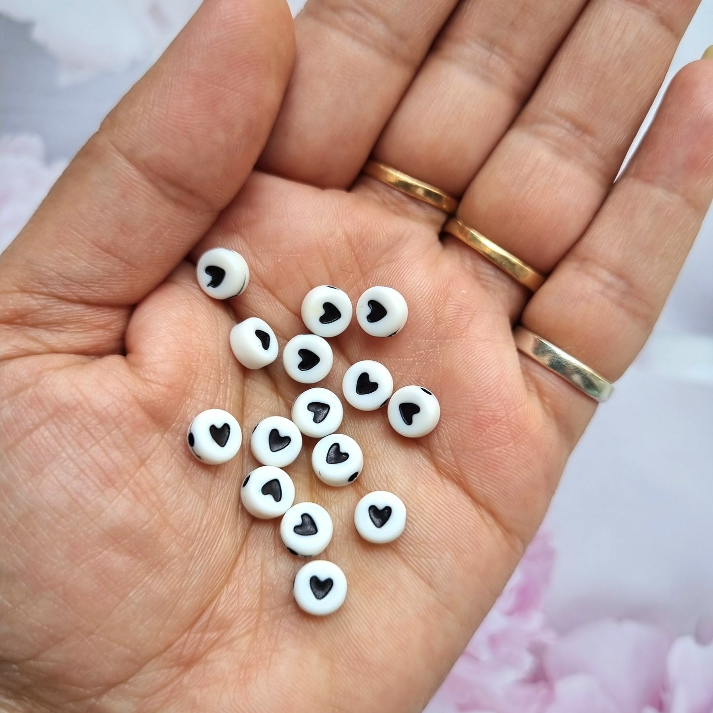 Acrylic Round Black and White Heart Beads