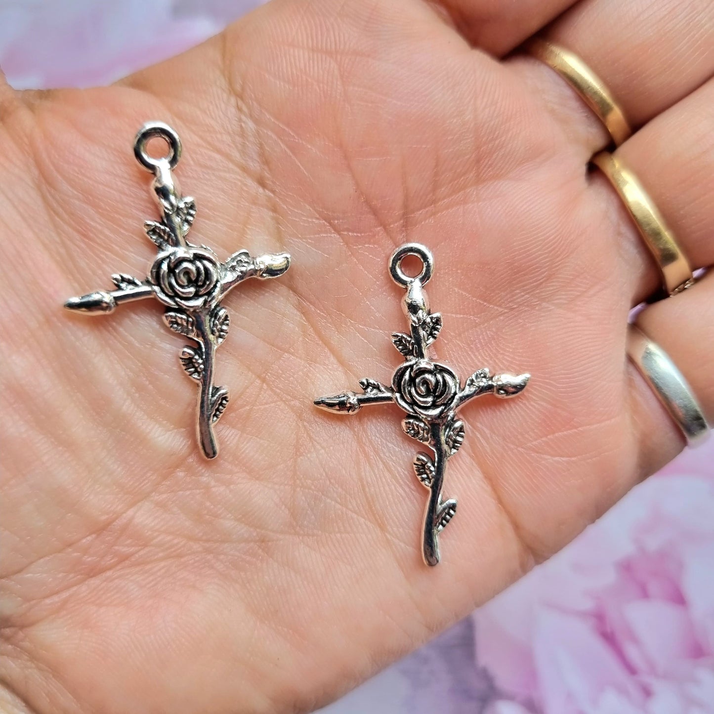 Silver Metal Charm - Cross with Rose