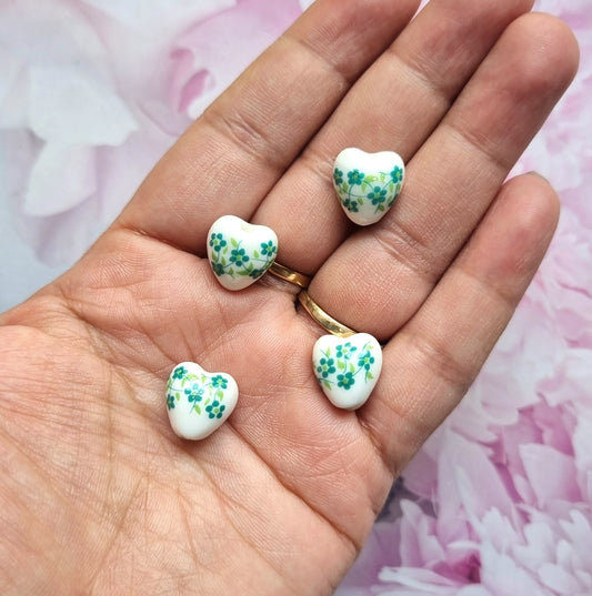 Porcelain Beads - Heart (Green Flower)