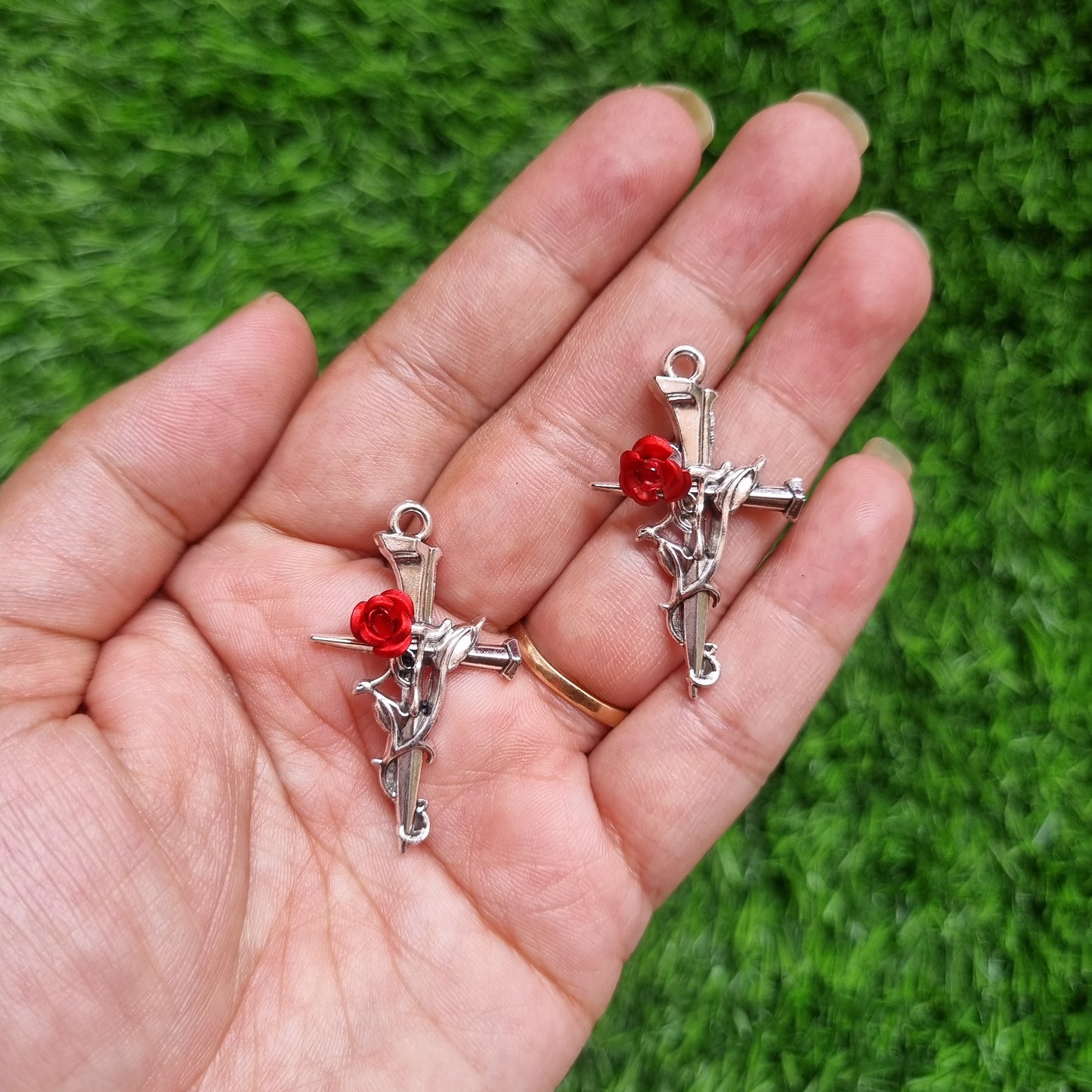 Metal Charm - Cross with Red Flower