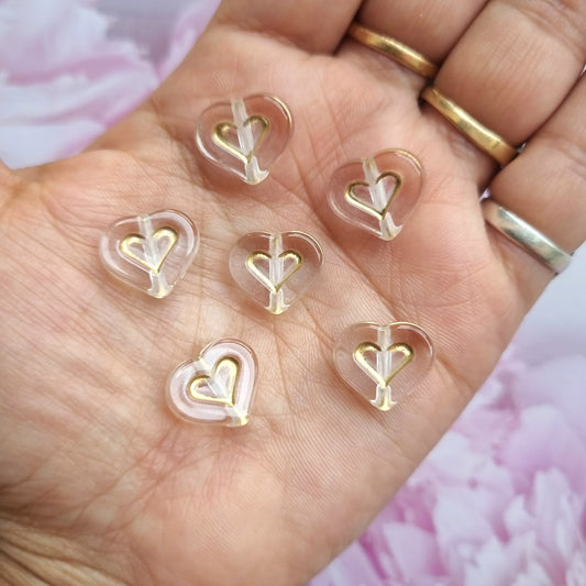 Acrylic Transparent Heart Beads with Golden Spray
